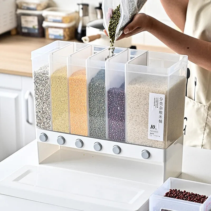 Rice Grain Beans Dispenser 6 Girds Pest-Proof Rack Sealed Food Storage Box for Kitchen and Home Kitchen Dispenser